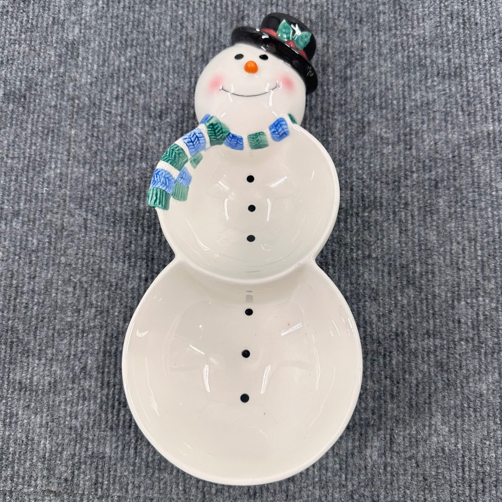 Y2K Snowman Divided Candy Dish Ceramic Holiday White Retro Winter Christmas